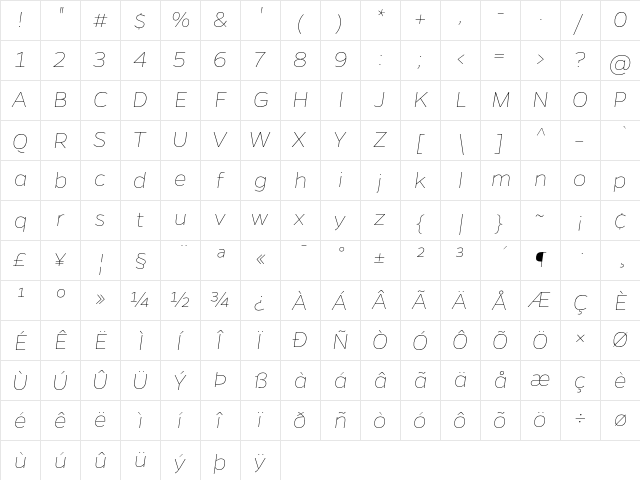 Gentona Thin Italic Regular  glyph index
