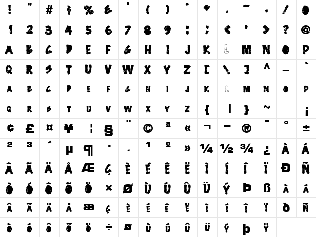 HardBrush Bold  glyph index