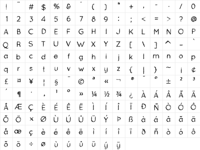 Ozarks Bold  glyph index