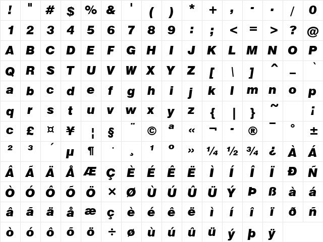 GenevaBlck Bold Italic  glyph index