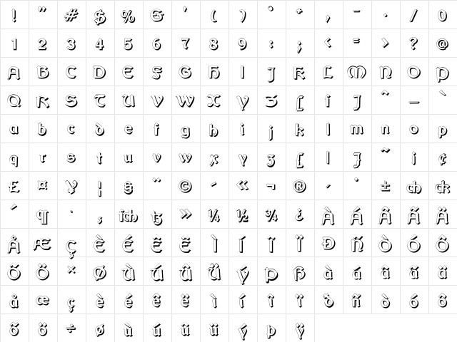 Bretagne Gaelic Shadow Regular  glyph index