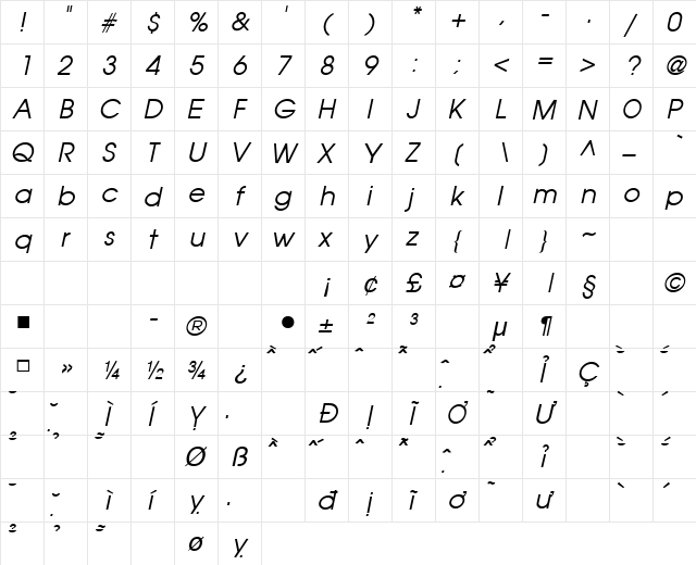 VNI-Avo Italic  glyph index