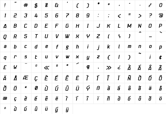 Seize Bold  glyph index