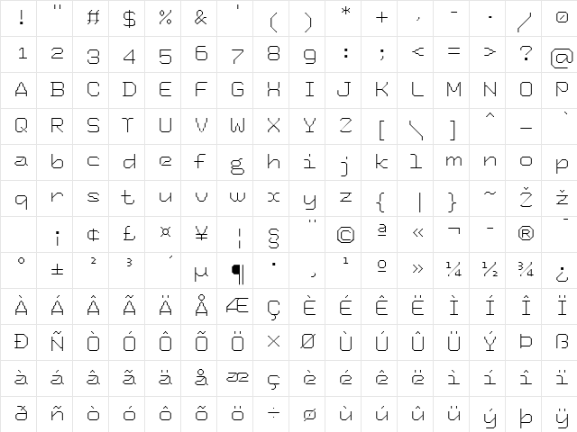 Tronic-Light Regular  glyph index
