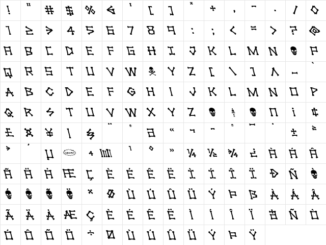 xBONES Leftalic Italic  glyph index