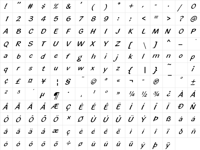 Blacklight Becker Regular  glyph index