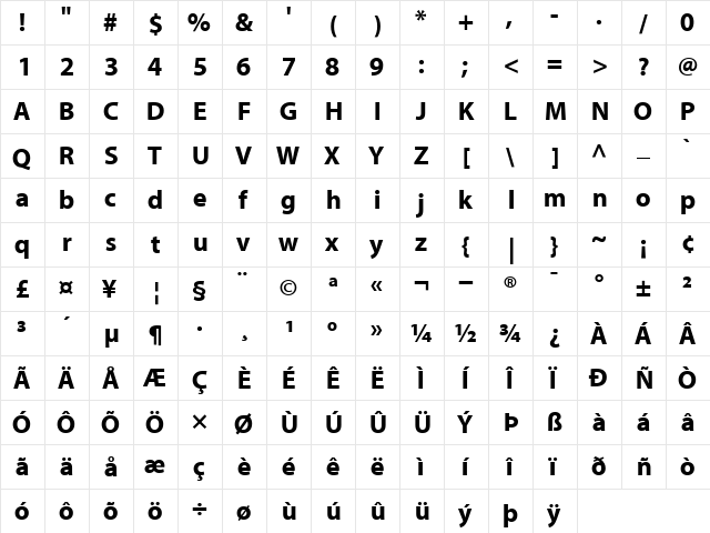 MyriadHeadline Roman  glyph index