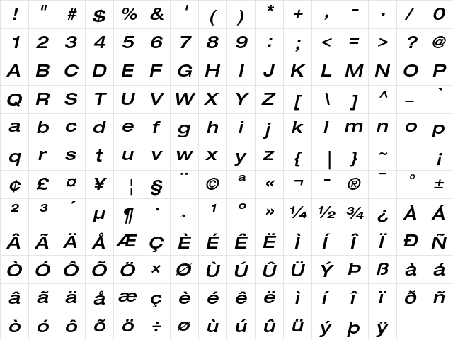 Helvetica Neue LT Std 63 Medium Extended Oblique  glyph index