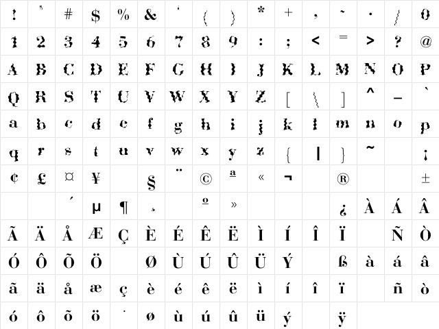 ABCTech Bodoni Wave Regular  glyph index