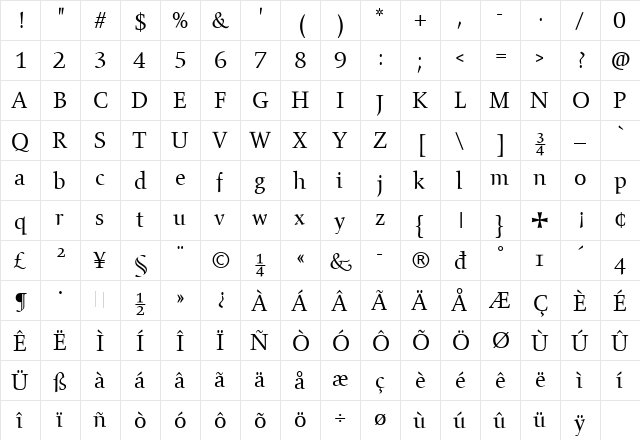 Gilgamesh Book Regular  glyph index