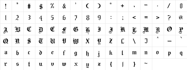 Taylor Gothic Regular  glyph index