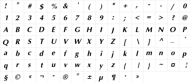 AGOpusC Bold Italic  glyph index