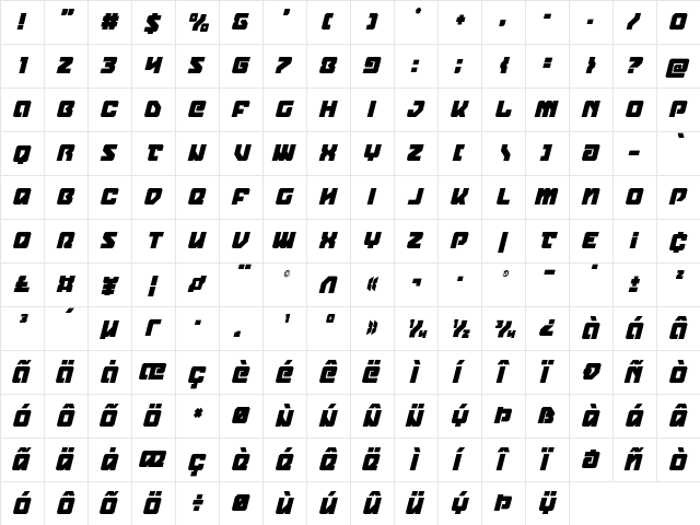 Legacy Cyborg Condensed Italic Regular  glyph index