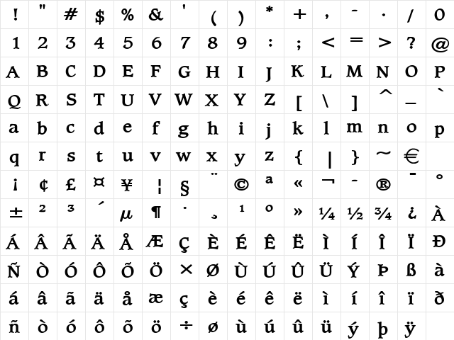 ClaytonWide Bold  glyph index