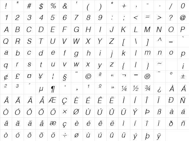 ContextLightSSK Italic  glyph index