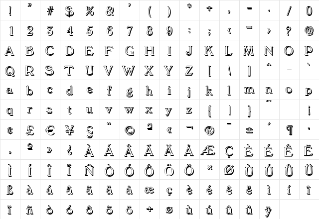 KellyBeckerShadow-Light Regular  glyph index