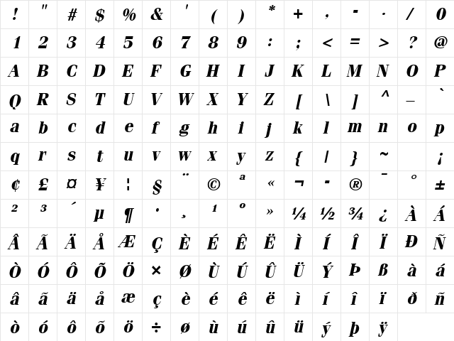 Felicia Bold Italic  glyph index