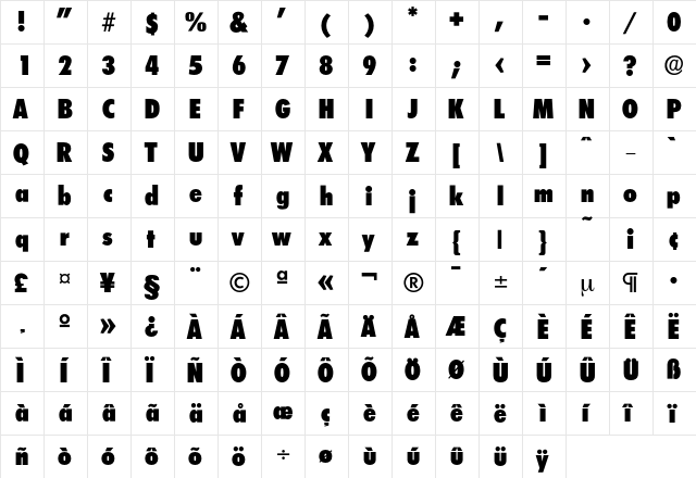 Limerick-HeavyCond Regular  glyph index
