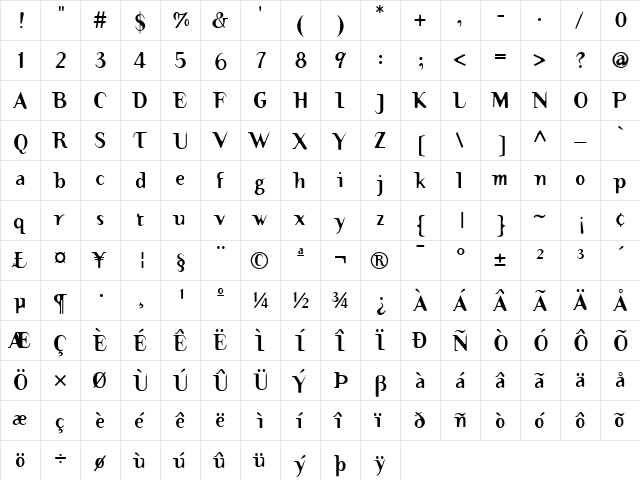 TemaCantante Bold  glyph index