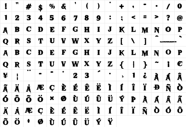 Sharkbite Regular  glyph index