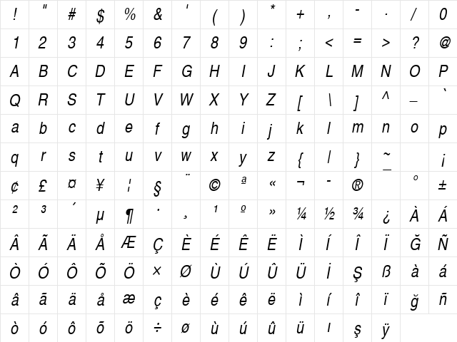 NimbusSanLTUCon Italic  glyph index