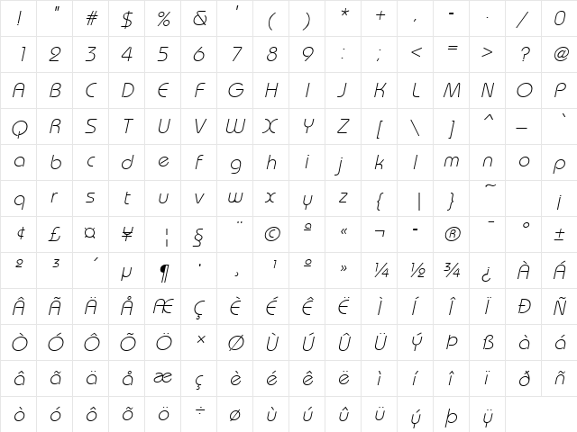 BauhausLH Italic  glyph index