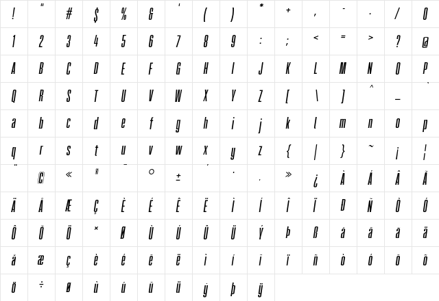 FatCow Italic  glyph index