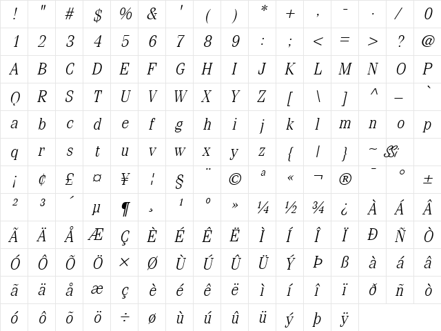Compendium Light SSi Light Italic  glyph index