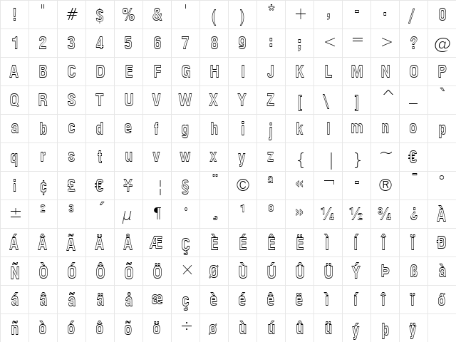 Swis721 BdCnOul BT Bold Outline  glyph index