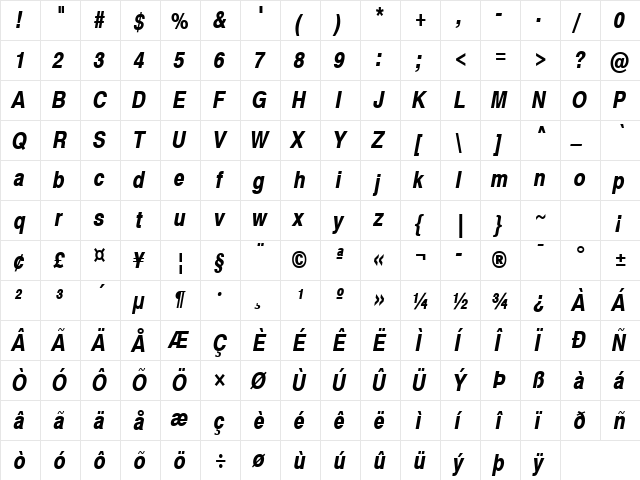 Swiss 721 Narrow SWA Bold Oblique  glyph index