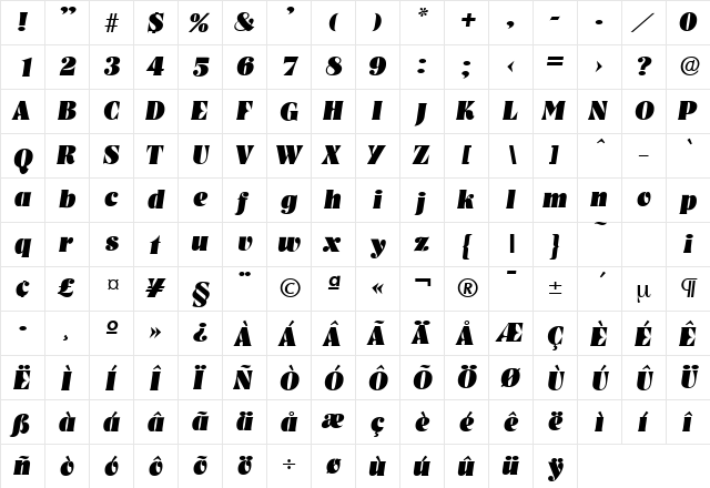 Nashville-Serial-Heavy RegularItalic  glyph index