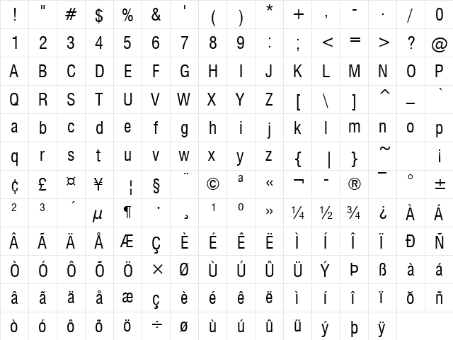 GenevaNrw Regular  glyph index