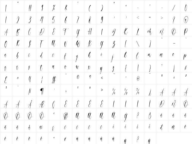 yoursong Regular  glyph index