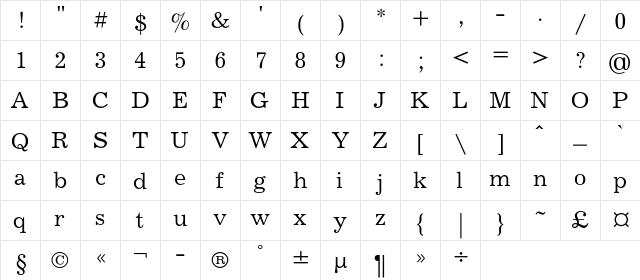 JournalC Regular  glyph index