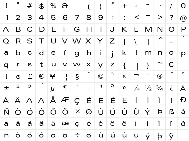 Zurich Ex BT Regular  glyph index