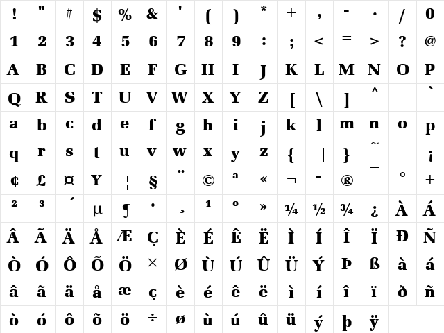 Becker Latino Black Regular  glyph index