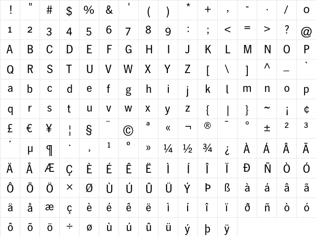 HeidelbergGothicOsFRegular Regular  glyph index