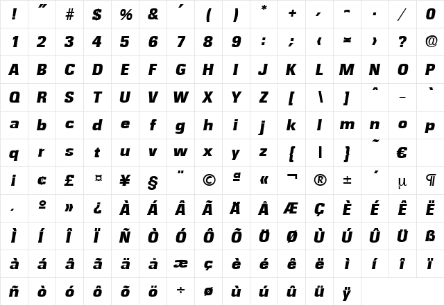 Rochester-ExtraBoldIta Regular  glyph index