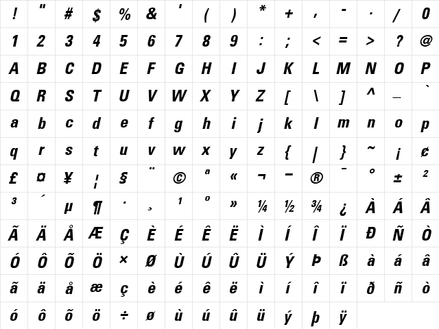 Univers67-Condensed BoldItalic  glyph index