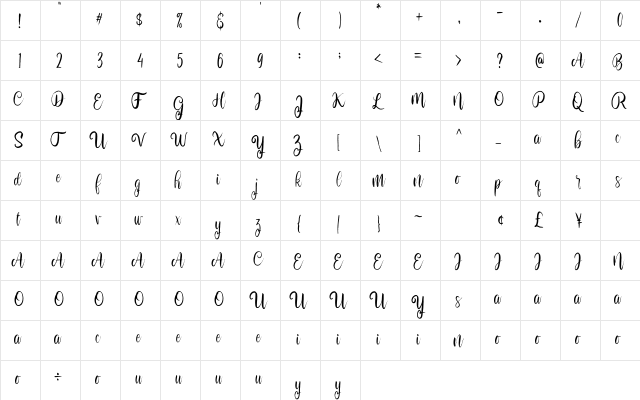 Bolehdong Regular  glyph index