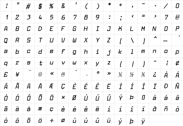 Larabiefont Bold Italic  glyph index