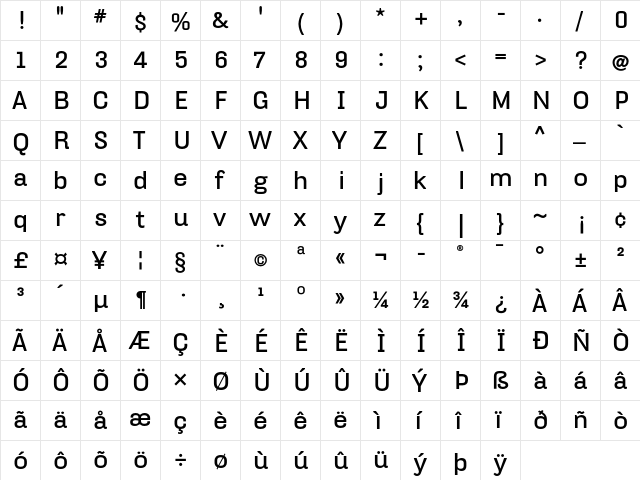HydraText-Bold Regular  glyph index