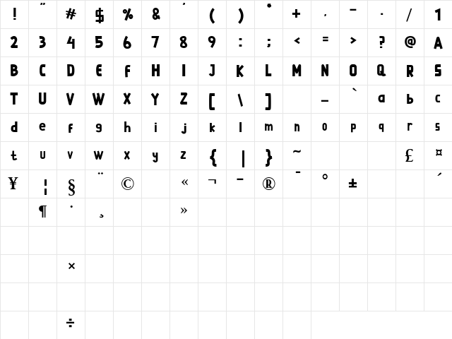 Bagie Bold  glyph index
