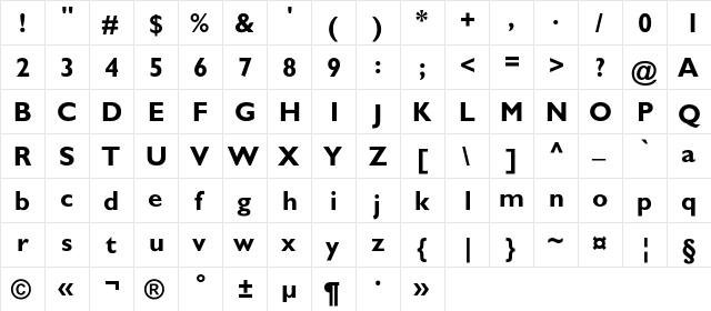 AZGillSansC Bold  glyph index