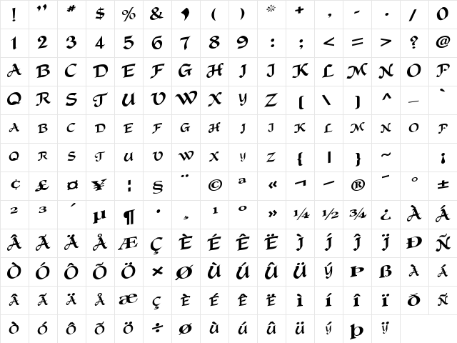 Super Regular  glyph index