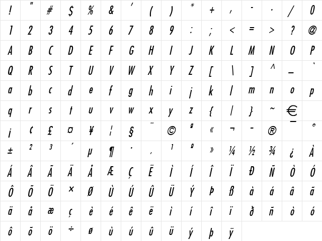 FujiCondensed Italic  glyph index