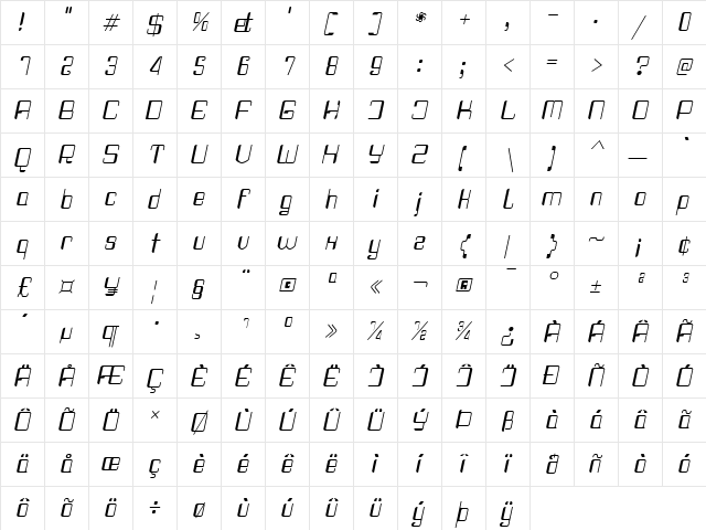 Haike Italic  glyph index