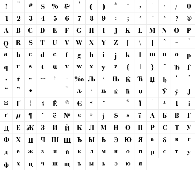 BodoniCyrillicFWF Bold  glyph index