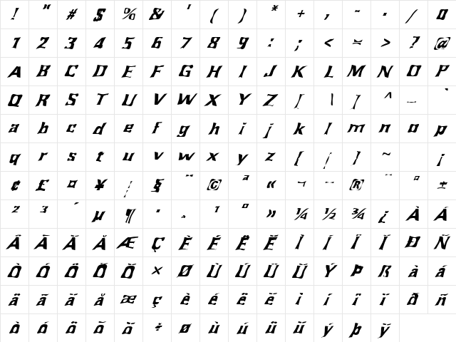 FZ WARPED 43 ITALIC Normal  glyph index