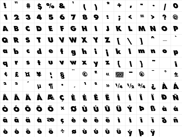 FuturistLeftyExtrabold Regular  glyph index